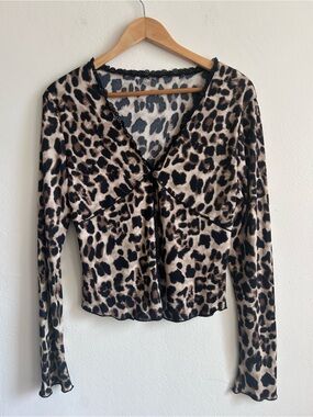 Leopard Ribbed Lace Trim Button Cardigan Top Y2K - V-Neck Lettuce Trim Size L